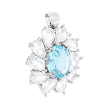 Ciondolo Ovale Acquamarina contornato da gocce Cubic Zirconia Bianchi in ARGENTO 925 Galvanica Rodio