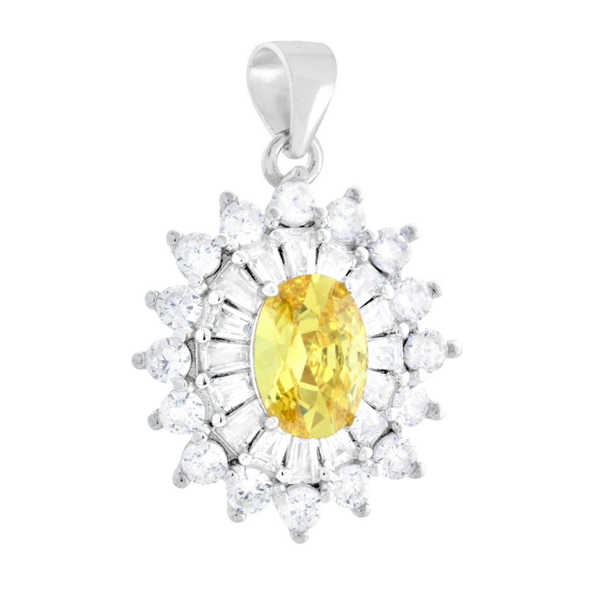 Ciondolo Ovale Topazio Giallo contornato da Cubic Zirconia Trapezio Bianchi in ARGENTO 925 Galvanica Rodio
