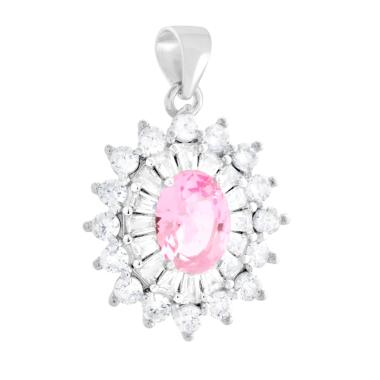 Ciondolo Ovale Rosa contornato da Cubic Zirconia Trapezio Bianchi in ARGENTO 925 Galvanica Rodio