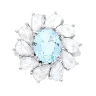 Anello Ovale Acquamarina contornato da gocce Cubic Zirconia Bianchi in ARGENTO 925 Galvanica Rodio