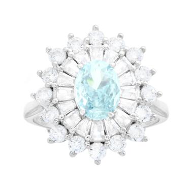 Anello Ovale Acquamarina contornato da Cubic Zirconia Trapezio Bianchi in ARGENTO 925 Galvanica Rodio