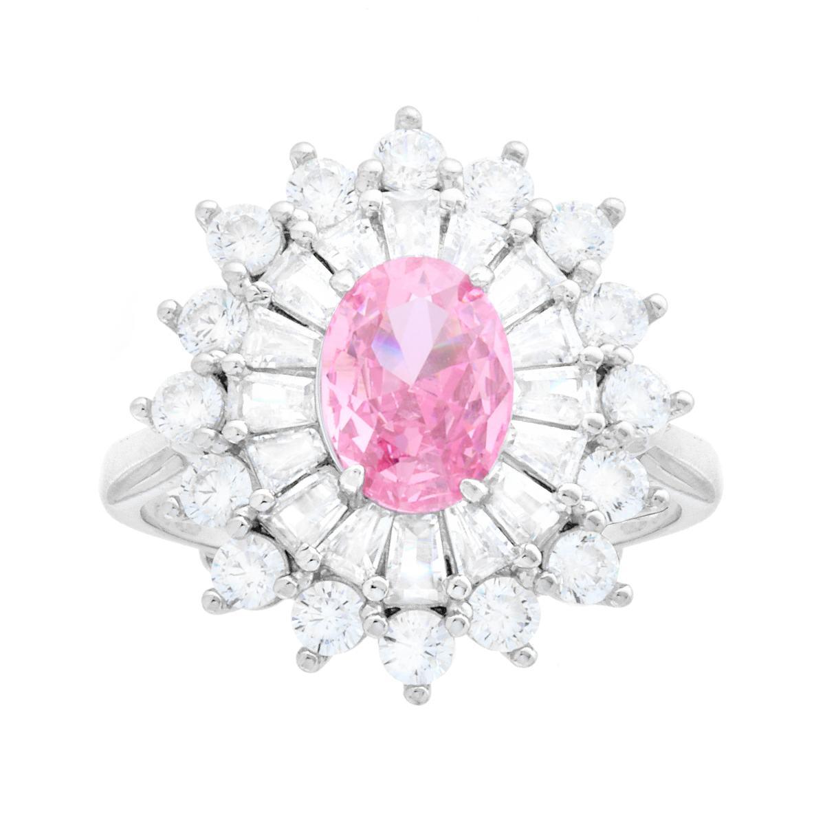 Anello Ovale Rosa contornato da Cubic Zirconia Trapezio Bianchi in ARGENTO 925 Galvanica Rodio