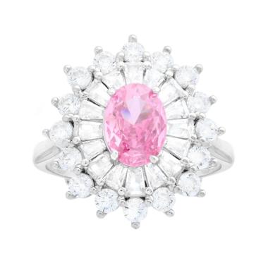 Anello Ovale Rosa contornato da Cubic Zirconia Trapezio Bianchi in ARGENTO 925 Galvanica Rodio