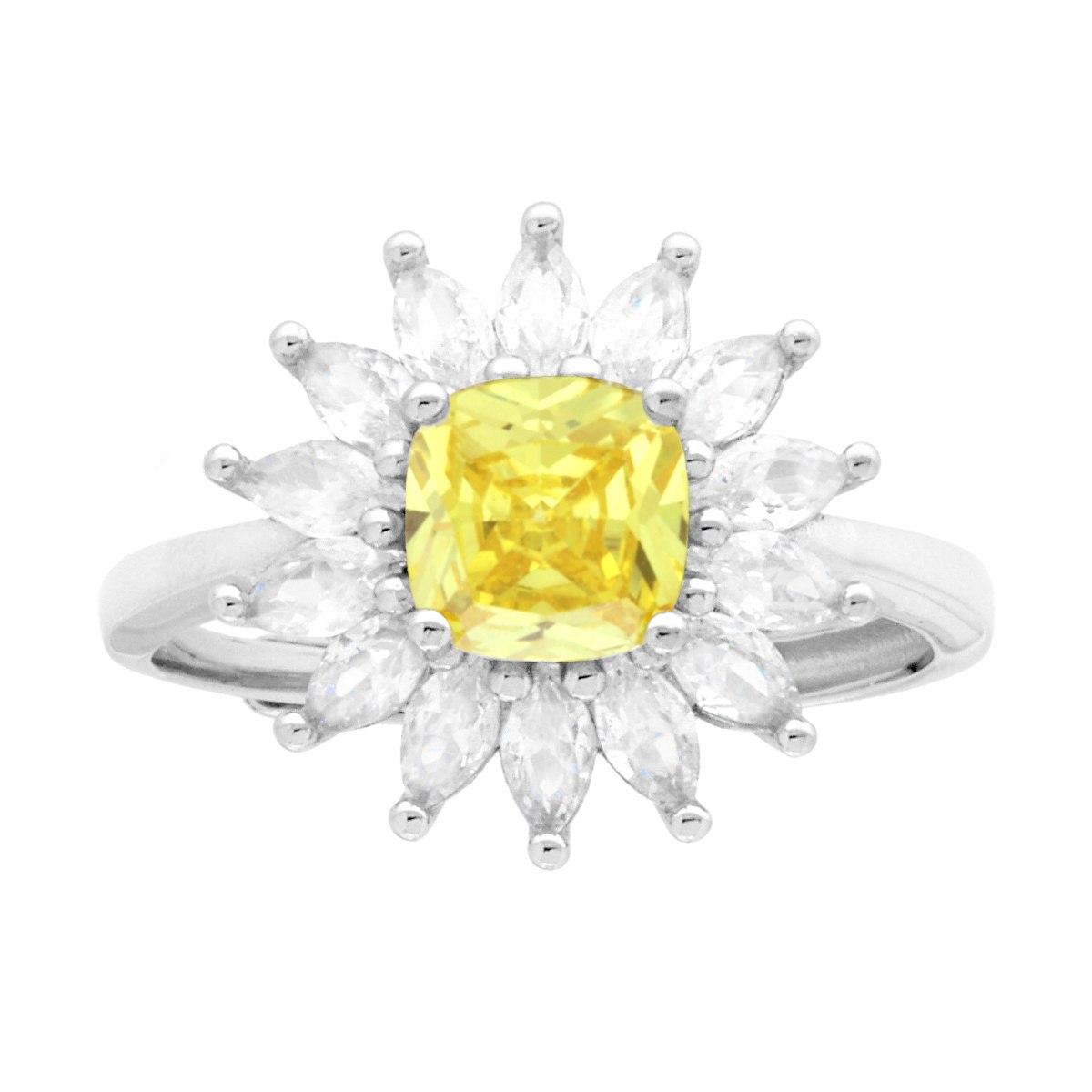 Anello Solitario Quadrato Cushion Topazio Giallo contornato da Cubic Zirconia Marquise Bianchi in ARGENTO 925 Galvanica Rodio