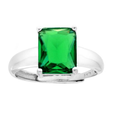 Anello Solitario Rettangolo Cubic Zirconia Verde Smeraldo in ARGENTO 925 Galvanica Rodio