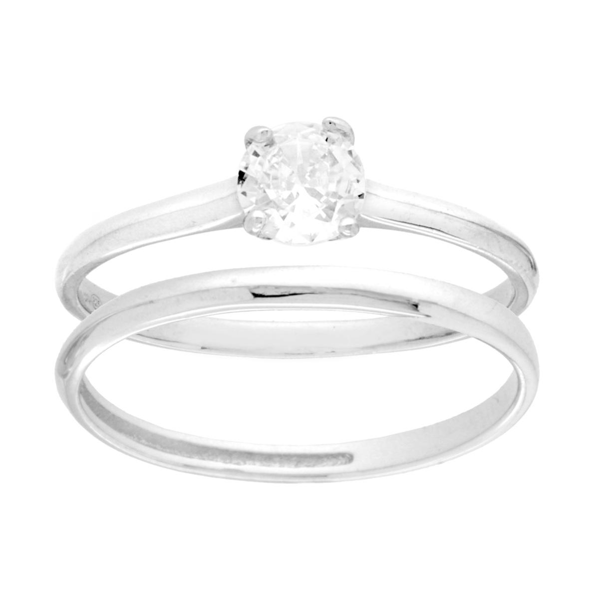 Anello doppio Fedina e Solitario con Cubic Zirconia Bianchi mm 5 in ARGENTO 925 Galvanica Rodio