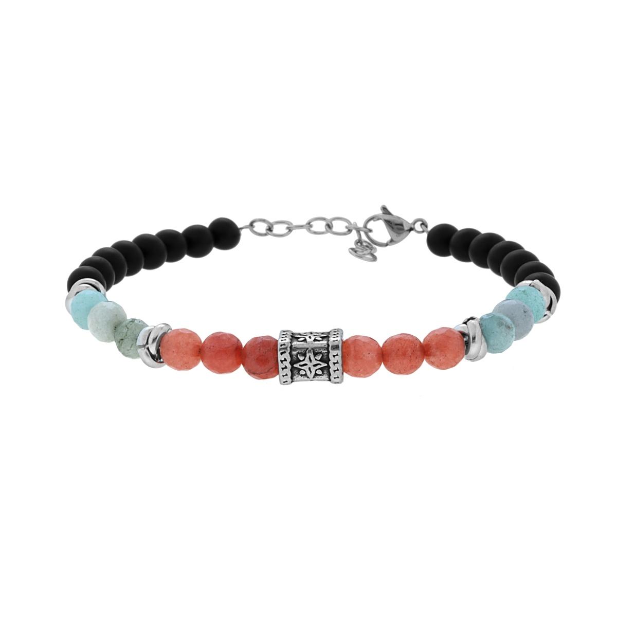 Bracciale Catena con Pietre Naturali Multicolor e Cubo con Rosa dei Venti in ACCIAIO