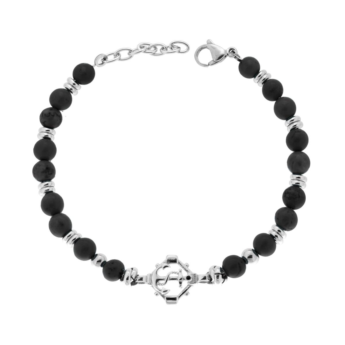 Bracciale Catena con Pietre Naturali colore Nero con Ancora in ACCIAIO