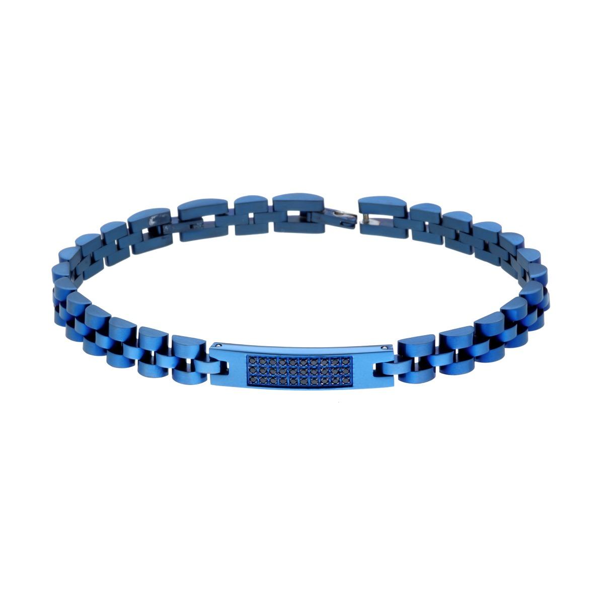 Bracciale Uomo Catena Imperniata con Targa e Crystal Neri in ACCIAIO colore Blu