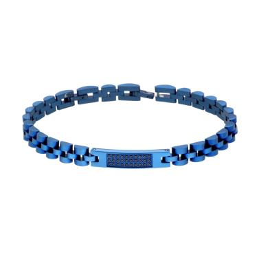 Bracciale Uomo Catena Imperniata con Targa e Crystal Neri in ACCIAIO colore Blu