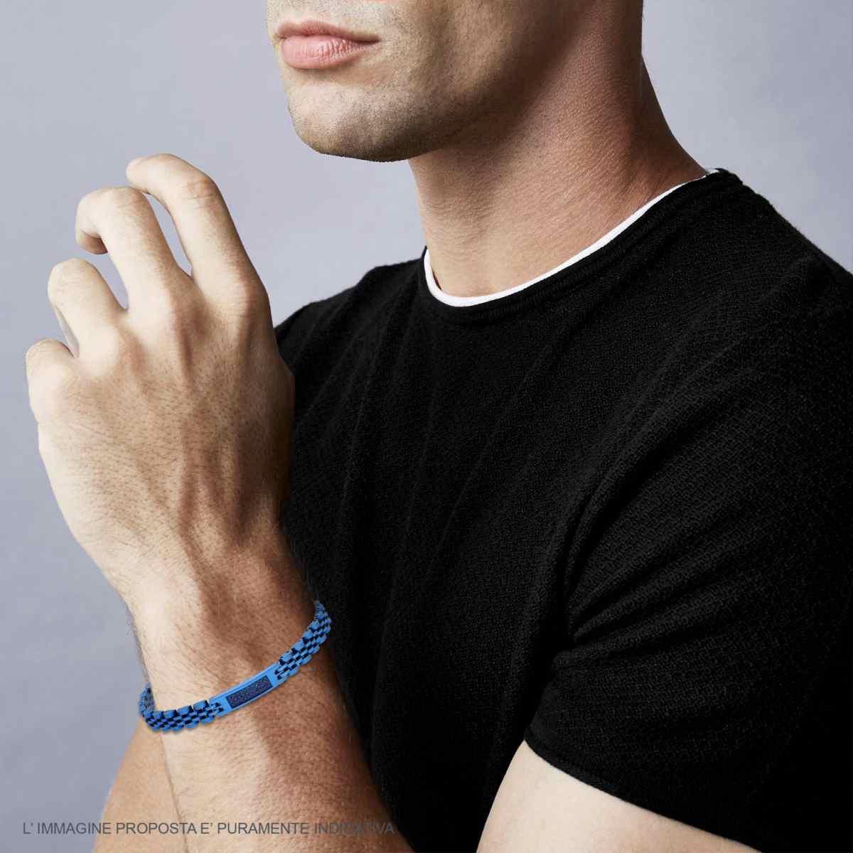 Bracciale Uomo Catena Imperniata con Targa e Crystal Neri in ACCIAIO colore Blu
