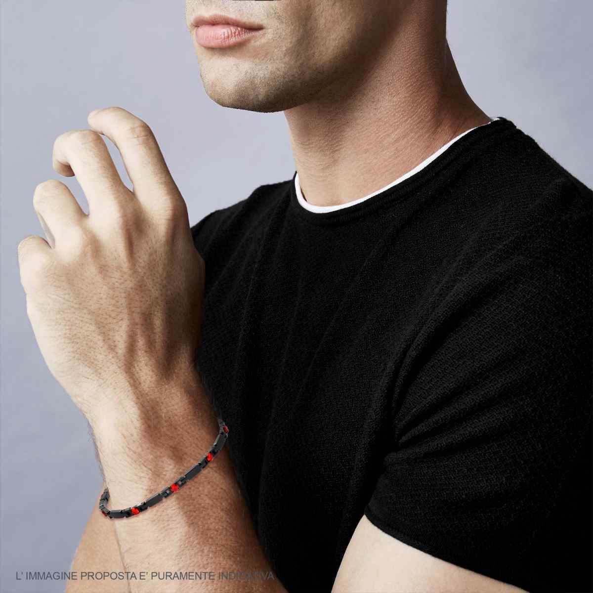 Bracciale Uomo Catena Imperniata con Crystal Rosso Rubino in ACCIAIO colore Nero