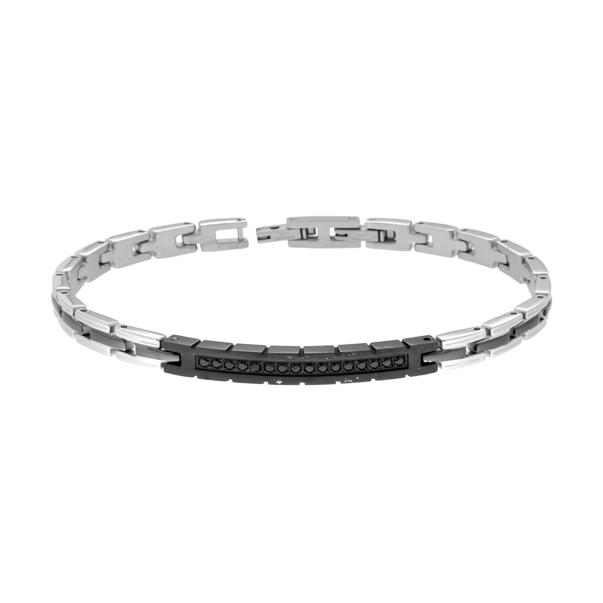 Bracciale Uomo Maglia Imperniata con Targa Nera e Crystal Neri in ACCIAIO