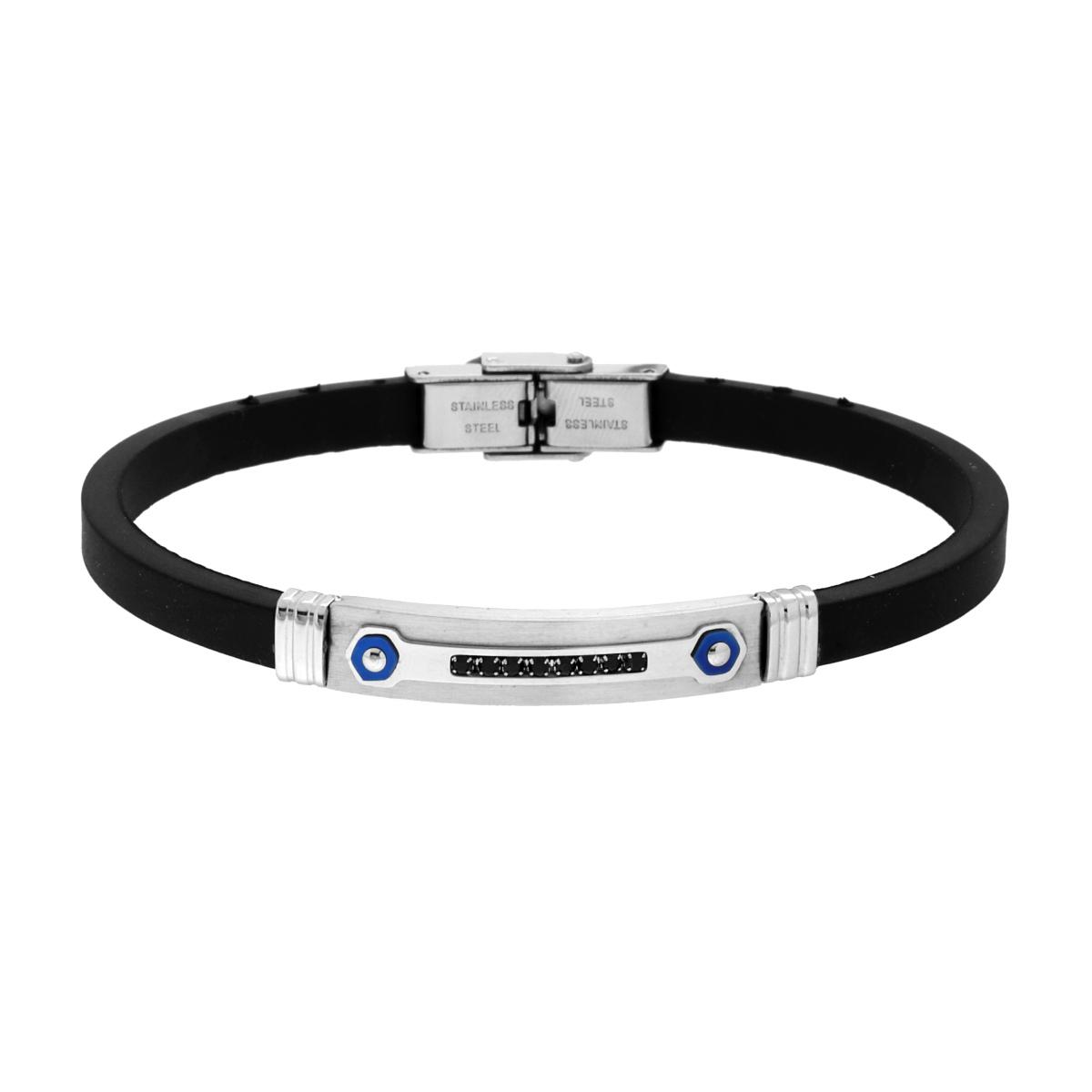 Bracciale Uomo in Caucciu PVC Nero con Targa e Crystal Neri in ACCIAIO