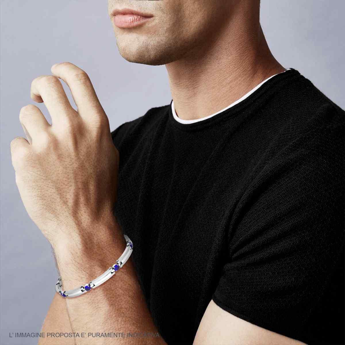 Bracciale Uomo Maglia Imperniata con Crystal Blu in ACCIAIO