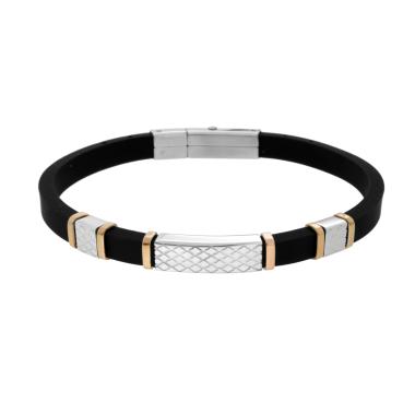 Bracciale Uomo in Caucciu PVC Nero e Targa con dettagli Geometrici e Accessori Rosè in ACCIAIO