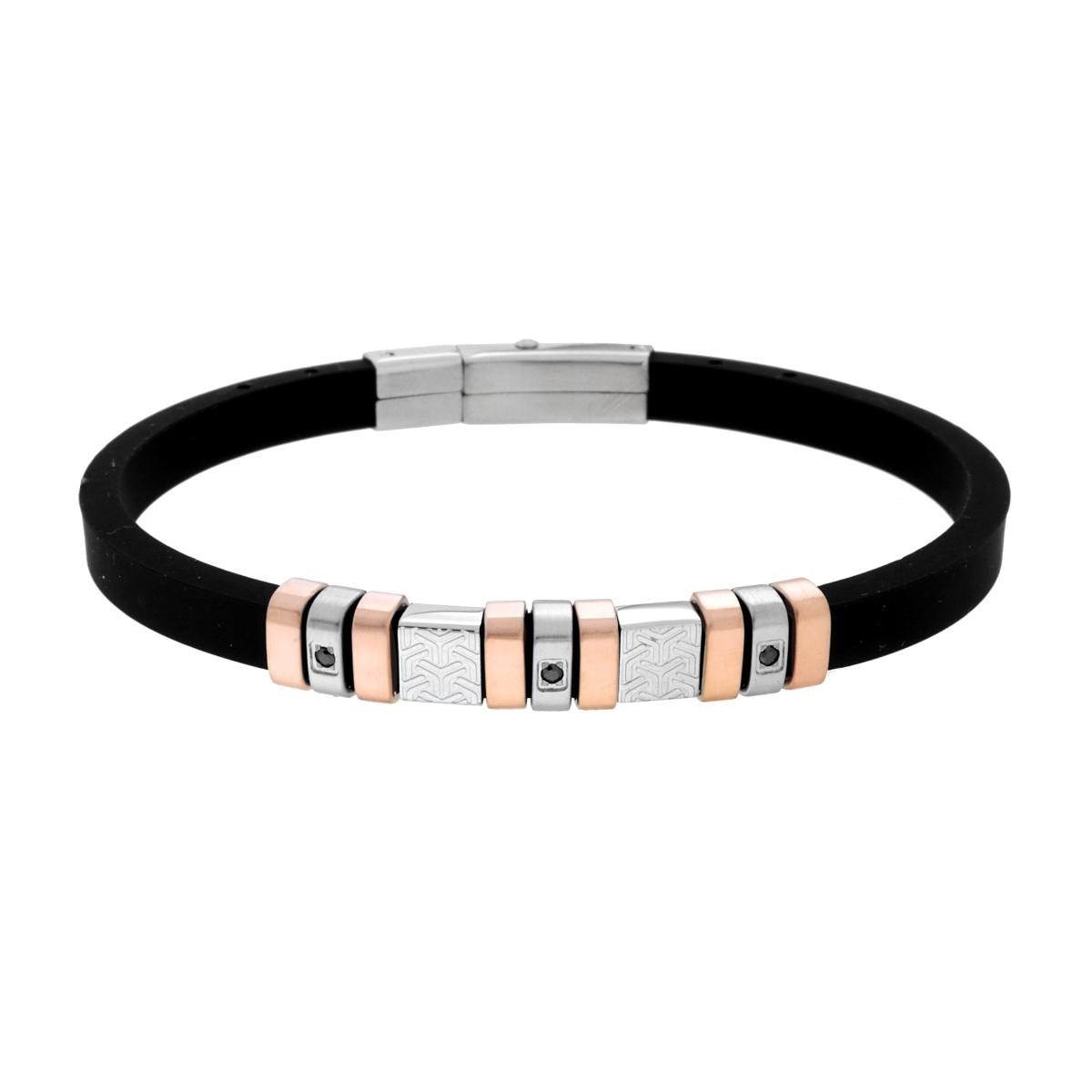 Bracciale Uomo in Caucciu PVC Nero e Accessori con dettagli Geometrici e Crystal Neri in ACCIAIO