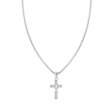 Collana Uomo Catena Veneziana Tonda con Croce con Crystal Bianchi in ACCIAIO
