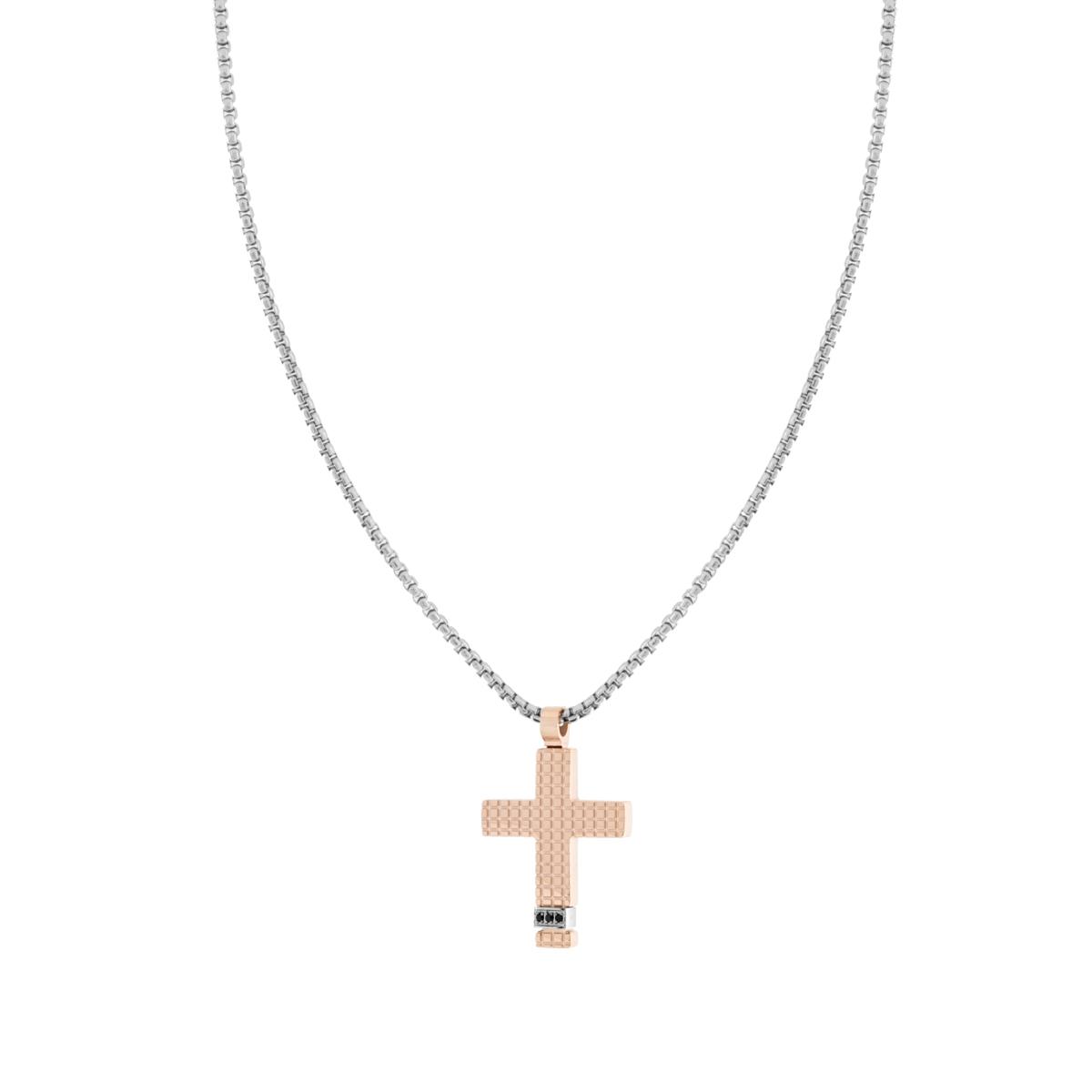 Collana Uomo Catena Veneziana Tonda con Croce Quadrettata Rosa con Crystal Neri in ACCIAIO