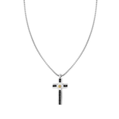 Collana Uomo Catena Veneziana Tonda con Croce con Crystal Neri in ACCIAIO