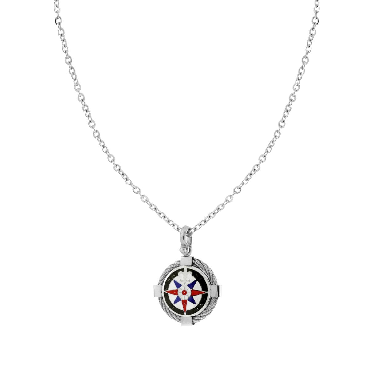 Collana Catena Forzatina Diamantata con Tondo Smalto Multicolor e Rosa dei Venti in ACCIAIO