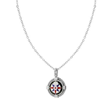 Collana Catena Forzatina Diamantata con Tondo Smalto Multicolor e Rosa dei Venti in ACCIAIO