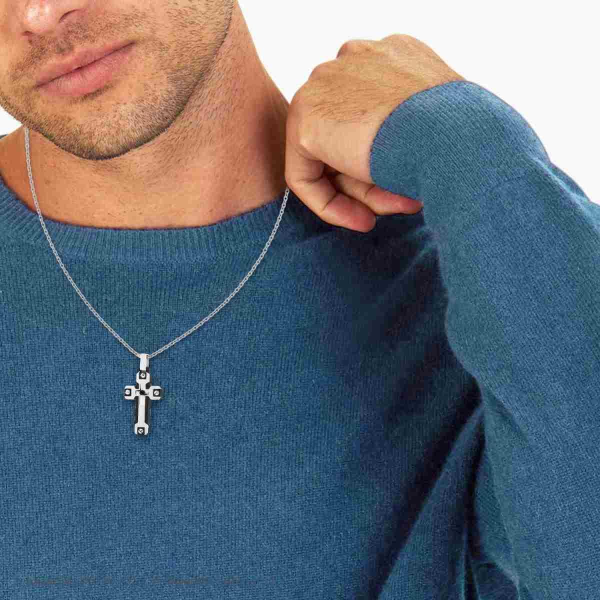 Collana Catena Forzatina Diamantata con Croce dettagli Nero in ACCIAIO