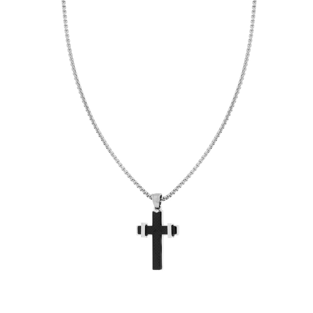 Collana Uomo Catena Veneziana Tonda con Croce Quadrettata Nera in ACCIAIO