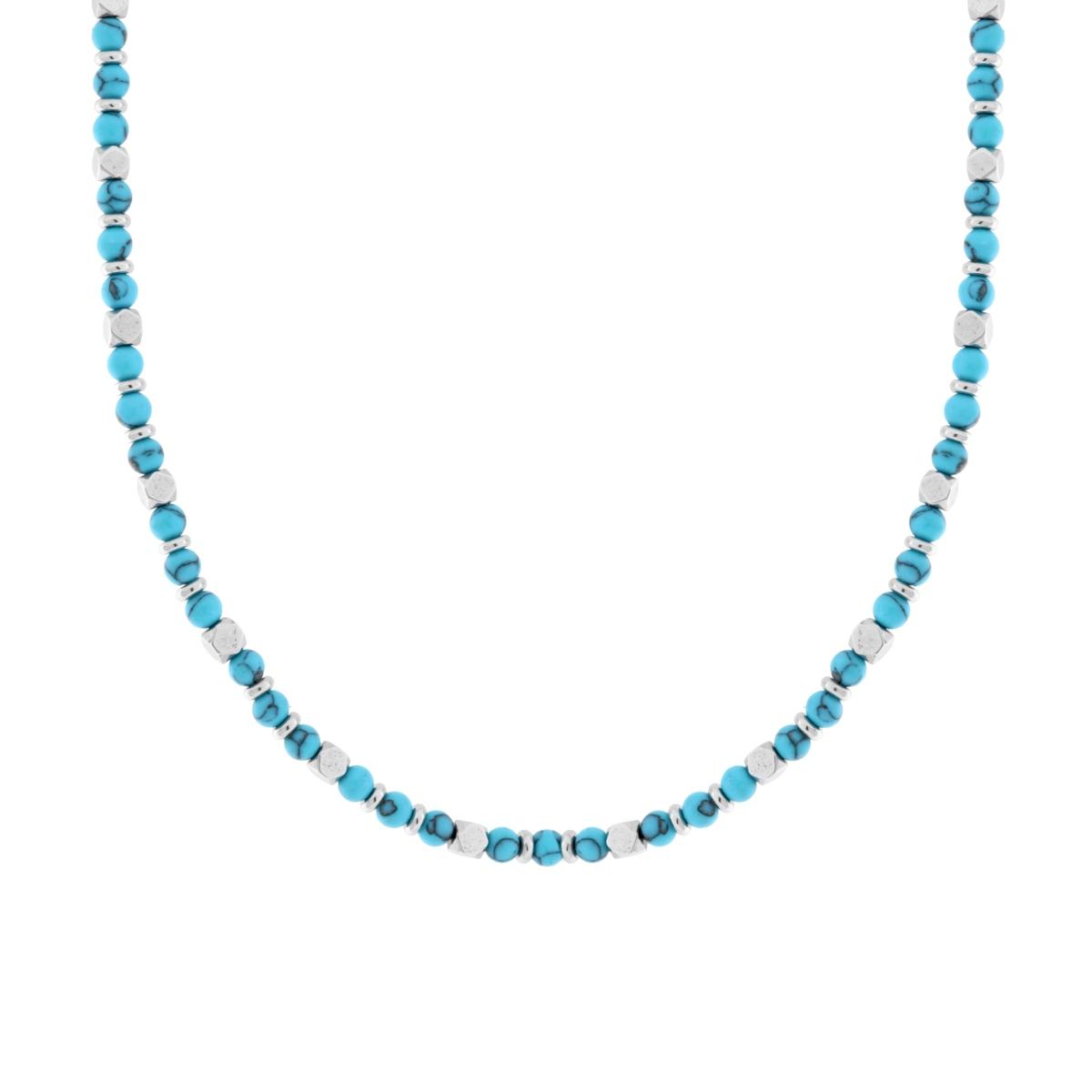 Collana Catena con Palline Pietra Turchese e Cubetti in ACCIAIO