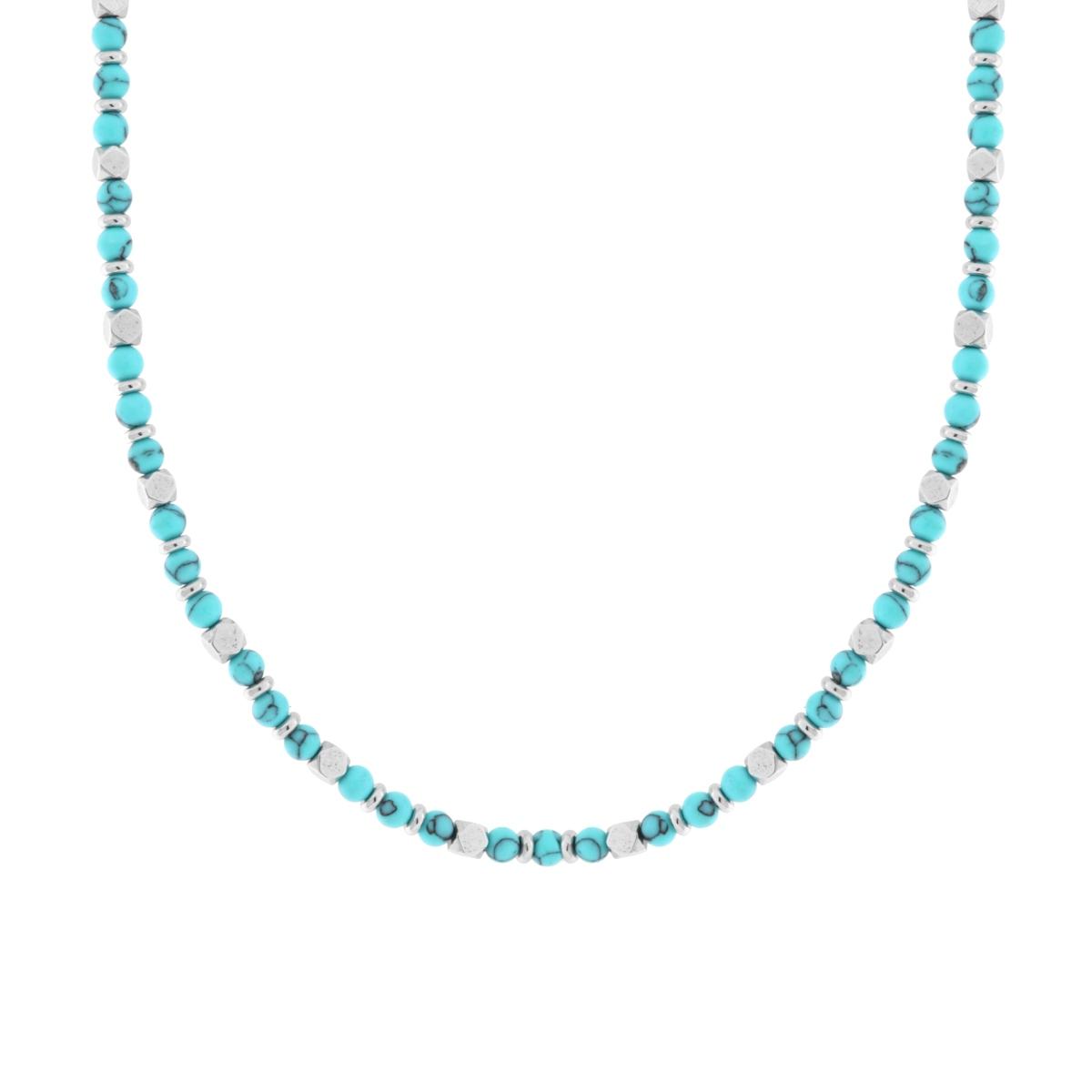 Collana Catena con Palline Pietra Turchese e Cubetti in ACCIAIO