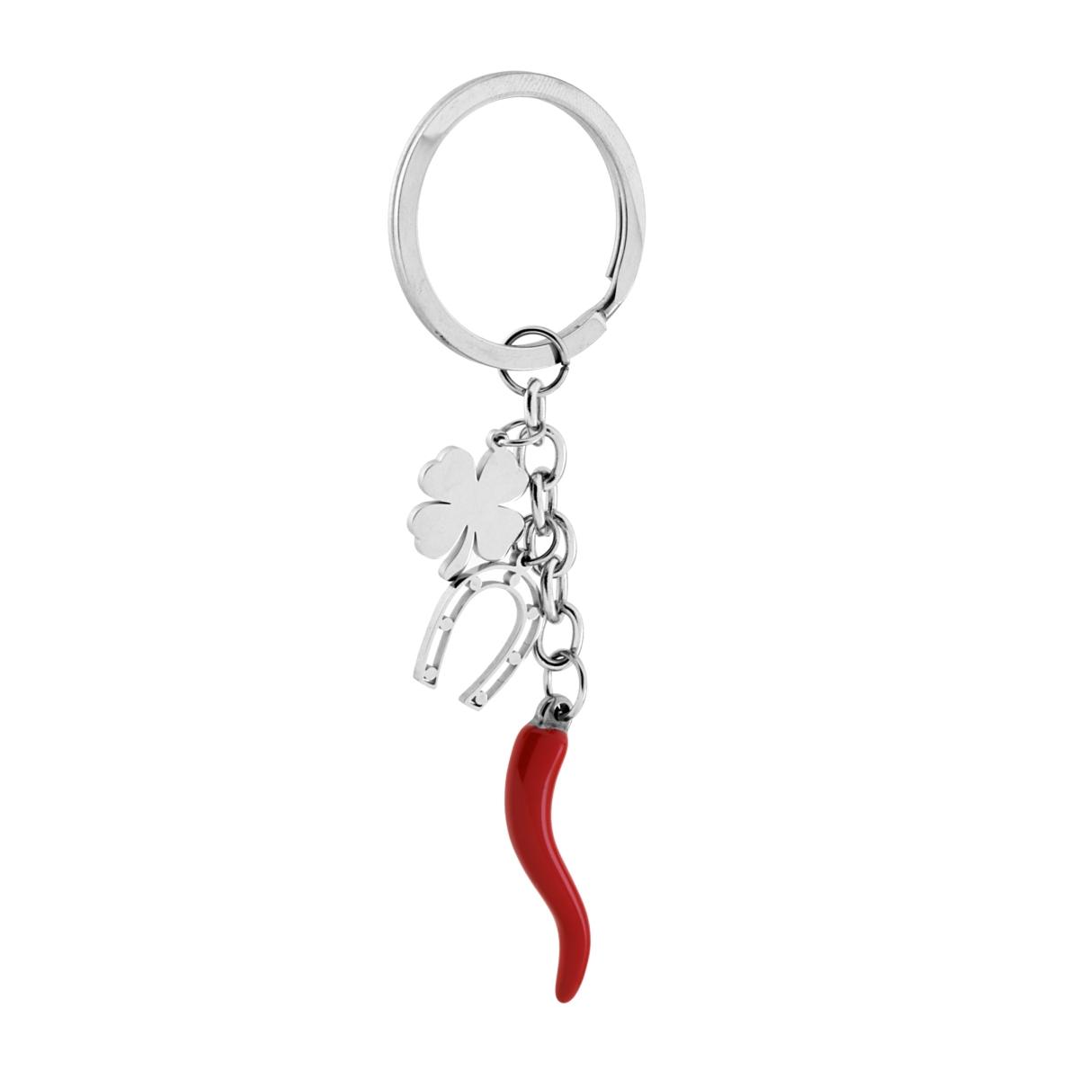 Portachiavi Uomo Donna ad Anello con soggetti Portafortuna Ferro di Cavallo Quadrifoglio e Corno Smalto Rosso in ACCIAIO
