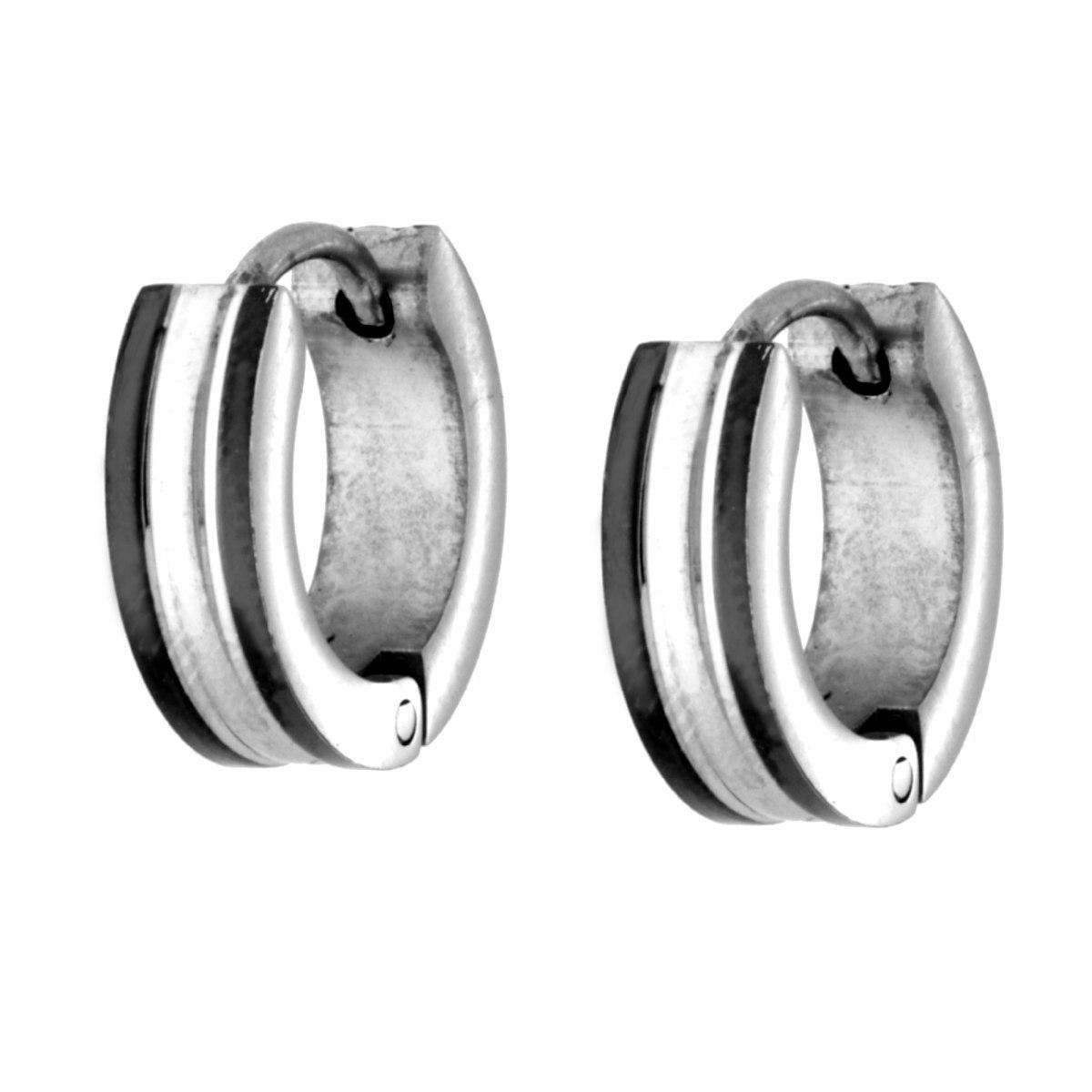 Orecchini Cerchio Strisce Smalto Nero in ACCIAIO