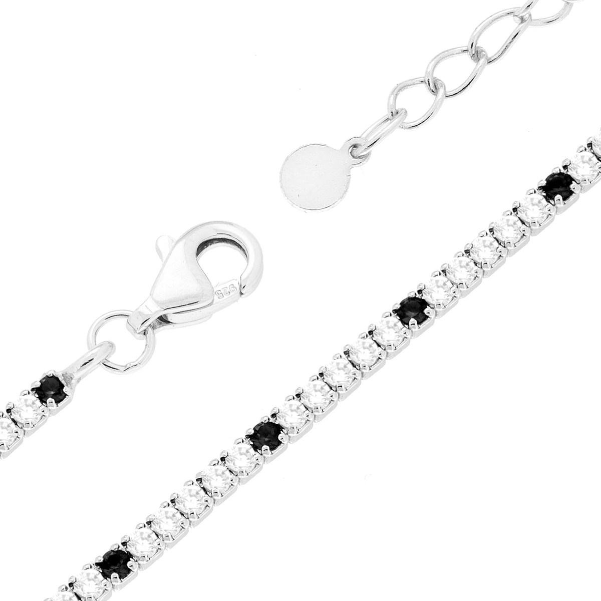 Bracciale Tennis cm 16+3 con Zirconi mm 1.5 alternati Bianchi e Neri in ARGENTO 925 Galvanica Rodio