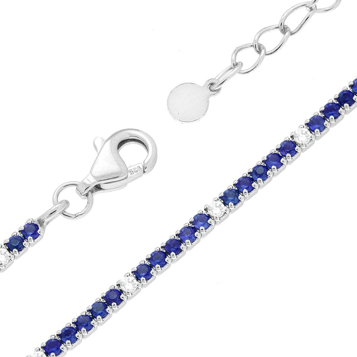 Bracciale Tennis cm 16+3 con Zirconi mm 1.5 alternati Blu Zaffiro e Bianchi in ARGENTO 925 Galvanica Rodio