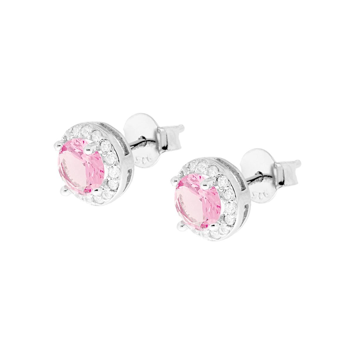 Orecchini Tondi con Cubic Zirconia Rosa contornato da Cubic Zirconia Bianchi in ARGENTO 925 Galvanica Rodio
