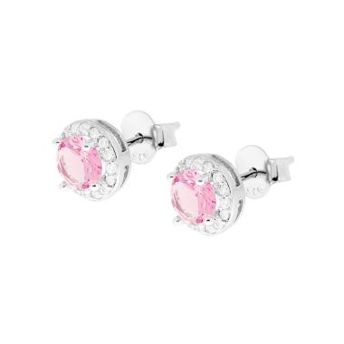 Orecchini Tondi con Cubic Zirconia Rosa contornato da Cubic Zirconia Bianchi in ARGENTO 925 Galvanica Rodio