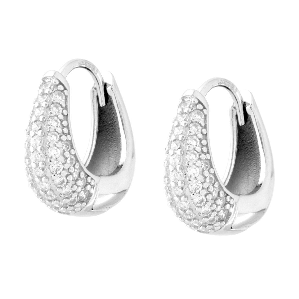 Orecchini Cerchio Boccolo Squadrato mm 15 con Cubic Zirconia Bianchi in ARGENTO 925 Galvanica Rodio