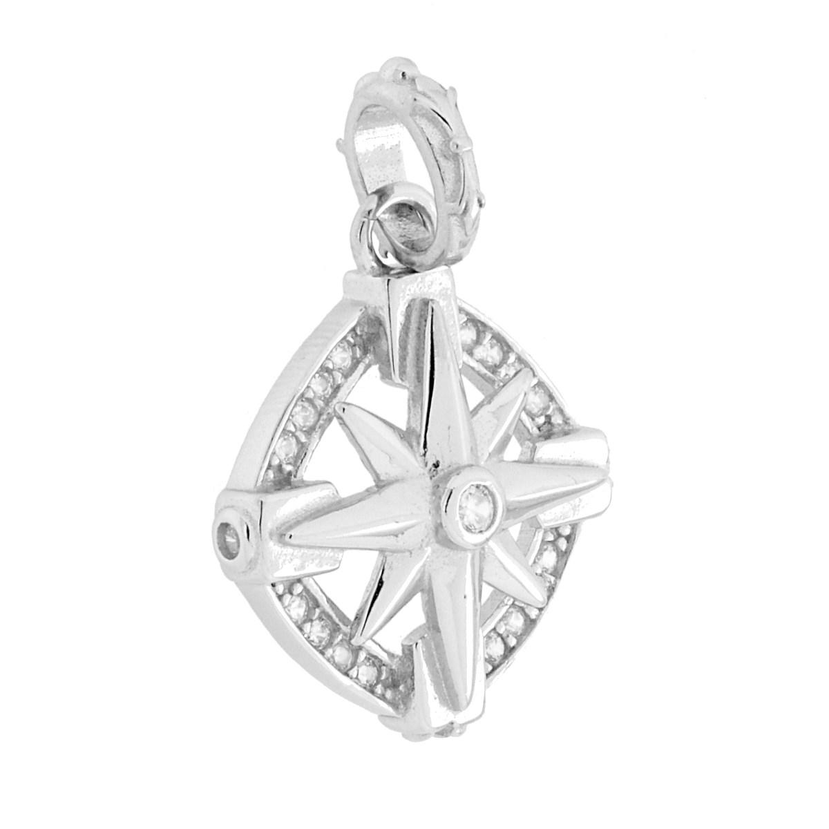 Ciondolo Rosa dei Venti con Cubic Zirconia Bianchi in ARGENTO 925 Galvanica Rodio