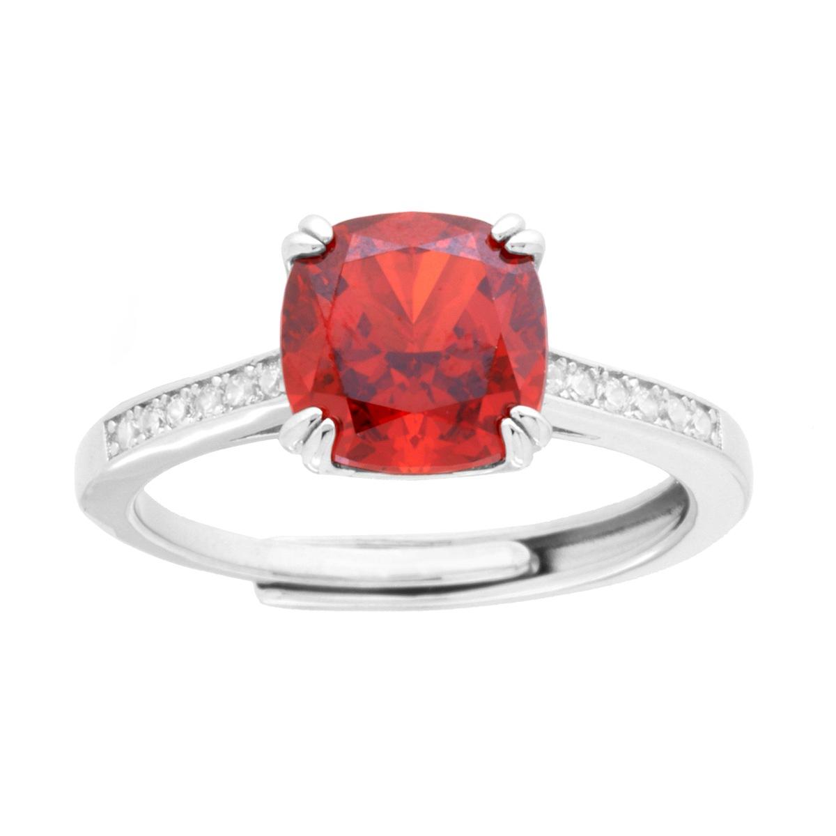 Anello Solitario Quadrato Cushion Rosso Rubino con Cubic Zirconia Bianchi in ARGENTO 925 Galvanica Rodio