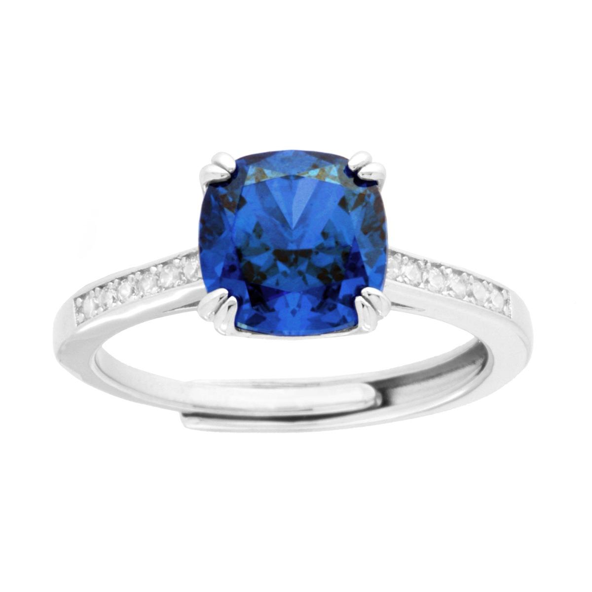 Anello Solitario Quadrato Cushion Blu Zaffiro con Cubic Zirconia Bianchi in ARGENTO 925 Galvanica Rodio