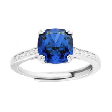 Anello Solitario Quadrato Cushion Blu Zaffiro con Cubic Zirconia Bianchi in ARGENTO 925 Galvanica Rodio
