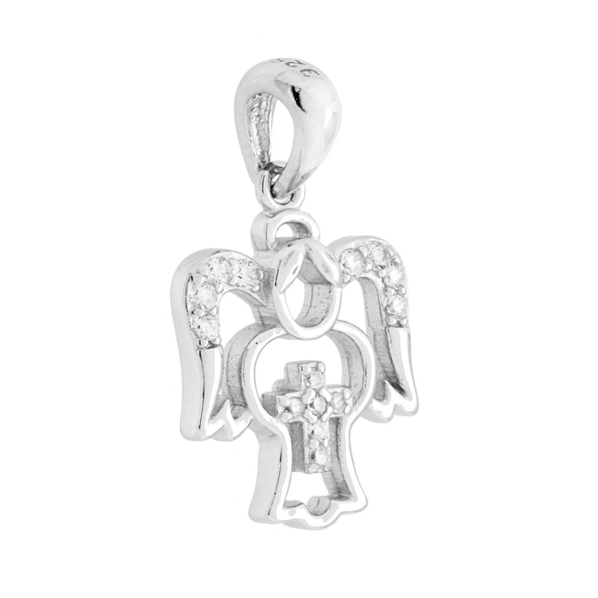 Ciondolo Angelo e Croce con Cubic Zirconia Bianchi in ARGENTO 925 Galvanica Rodio