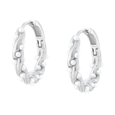 Orecchini Cerchio a Scattino Treccia con Perle in ARGENTO 925 Galvanica Rodio