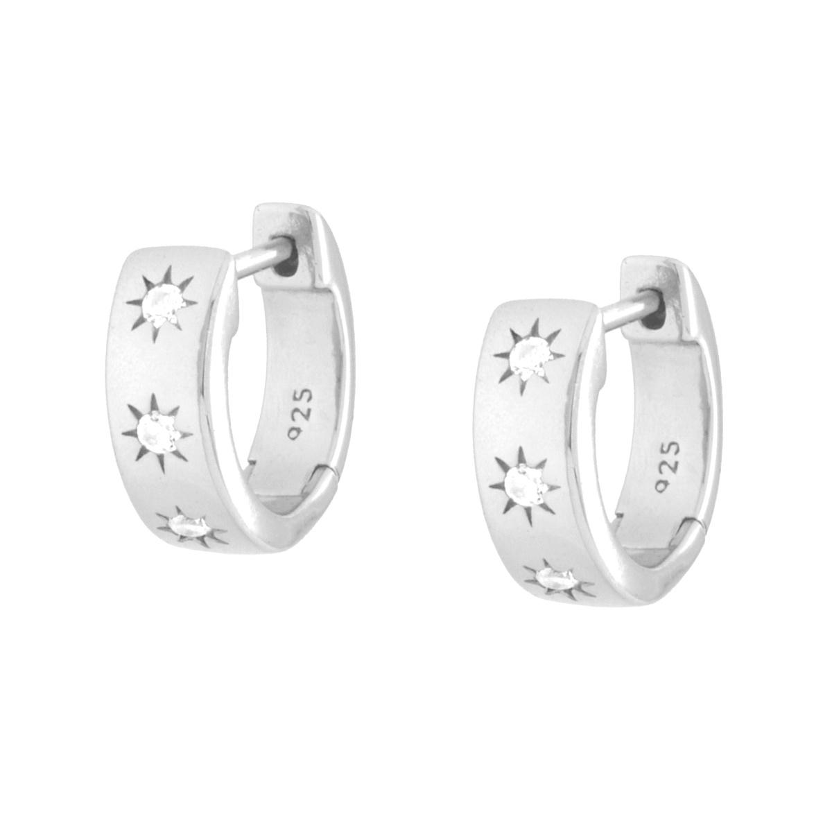 Orecchini Cerchio scattino con Stelle Cubic Zirconia Bianchi in ARGENTO 925 Galvanica Rodio