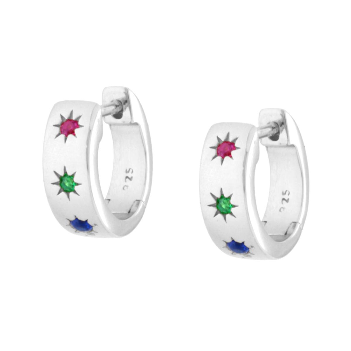 Orecchini Cerchio scattino con Stelle Cubic Zirconia Multicolor in ARGENTO 925 Galvanica Rodio