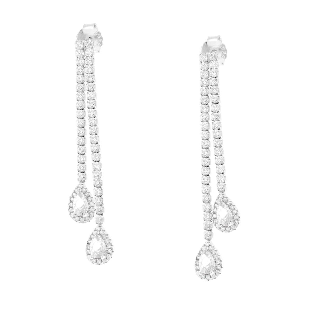 Parure Set Tennis Orecchini Collana e Bracciale Gocce Bianco contornati da Cubic Zirconia Bianchi in ARGENTO 925 Galvanica Rodio