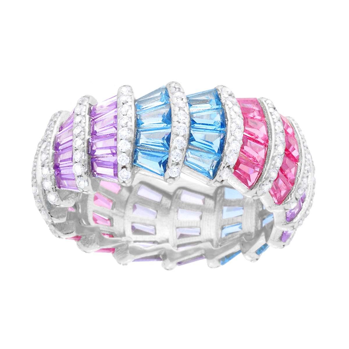Anello Fascia modello Eternity con Cubic Zirconia Bianchi e Cubic Zirconia taglio baguette Rosa Glicine Acquamarina in ARGENTO 925 Galvanica Rodio