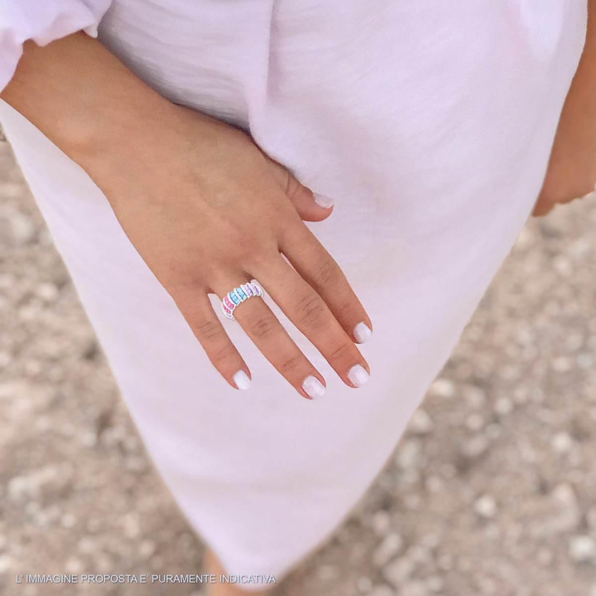 Anello Fascia modello Eternity con Cubic Zirconia Bianchi e Cubic Zirconia taglio baguette Rosa Glicine Acquamarina in ARGENTO 925 Galvanica Rodio