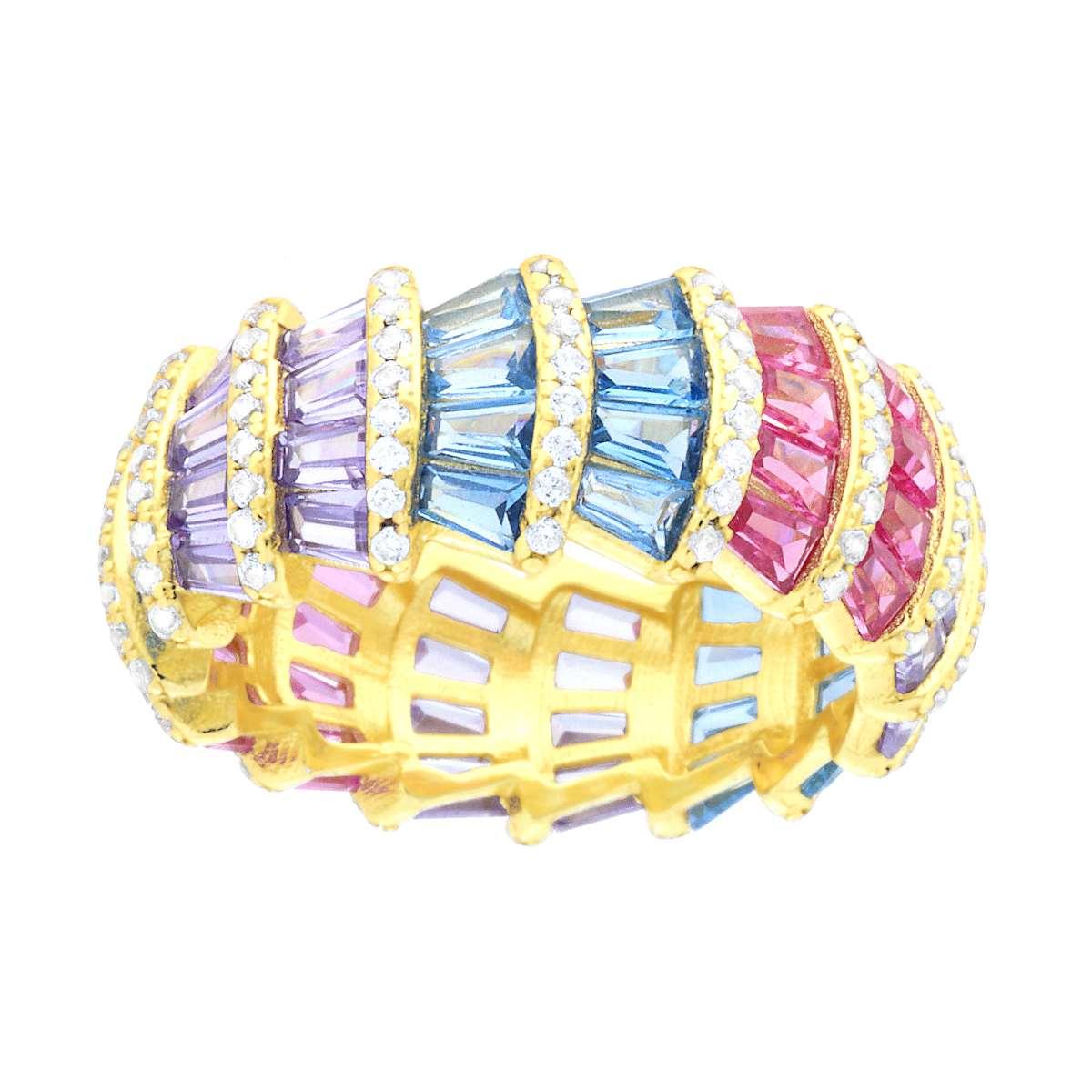 Anello Fascia modello Eternity con Cubic Zirconia Bianchi e Cubic Zirconia taglio baguette Rosa Glicine Acquamarina in ARGENTO 925 Galvanica Oro