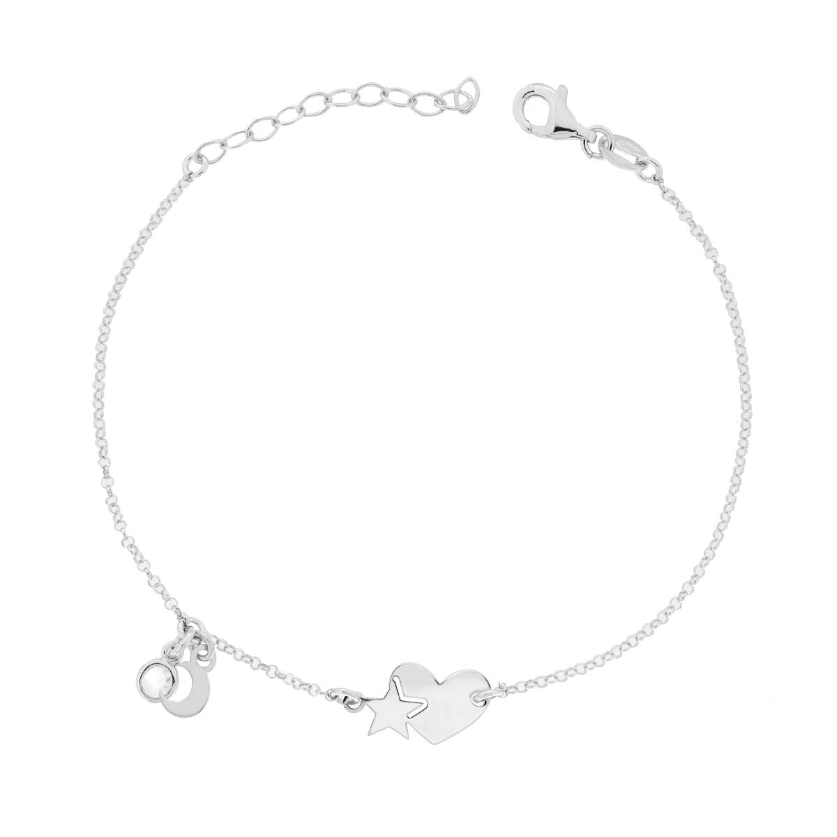 Bracciale Catena Rolo con Cuore Stella Luna plain e Cubic Zirconia Bianco in ARGENTO 925 Galvanica Rodio